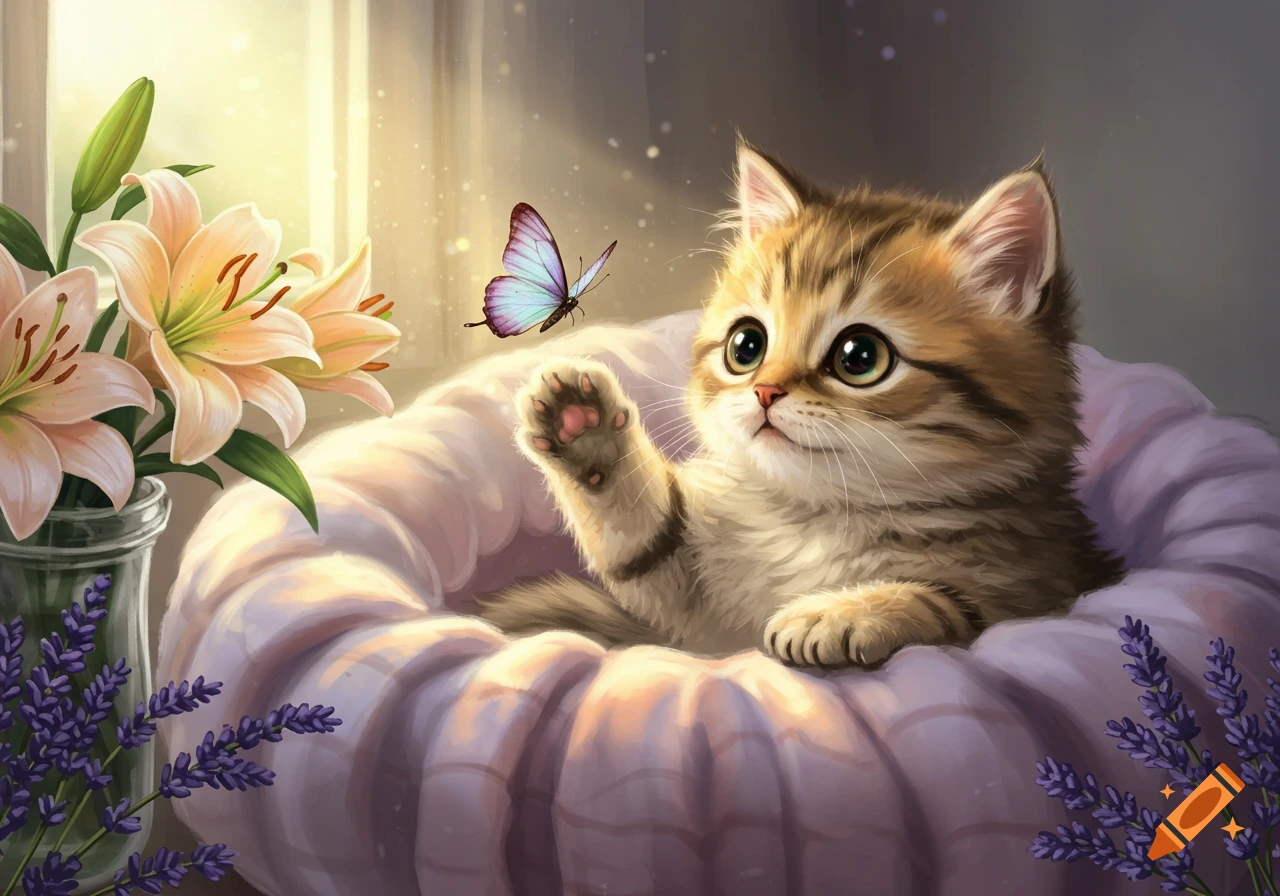 Cute fluffy kitten reaching for a butterfly in a purple bed, with lilies and lavender, soft lighting, digital art.