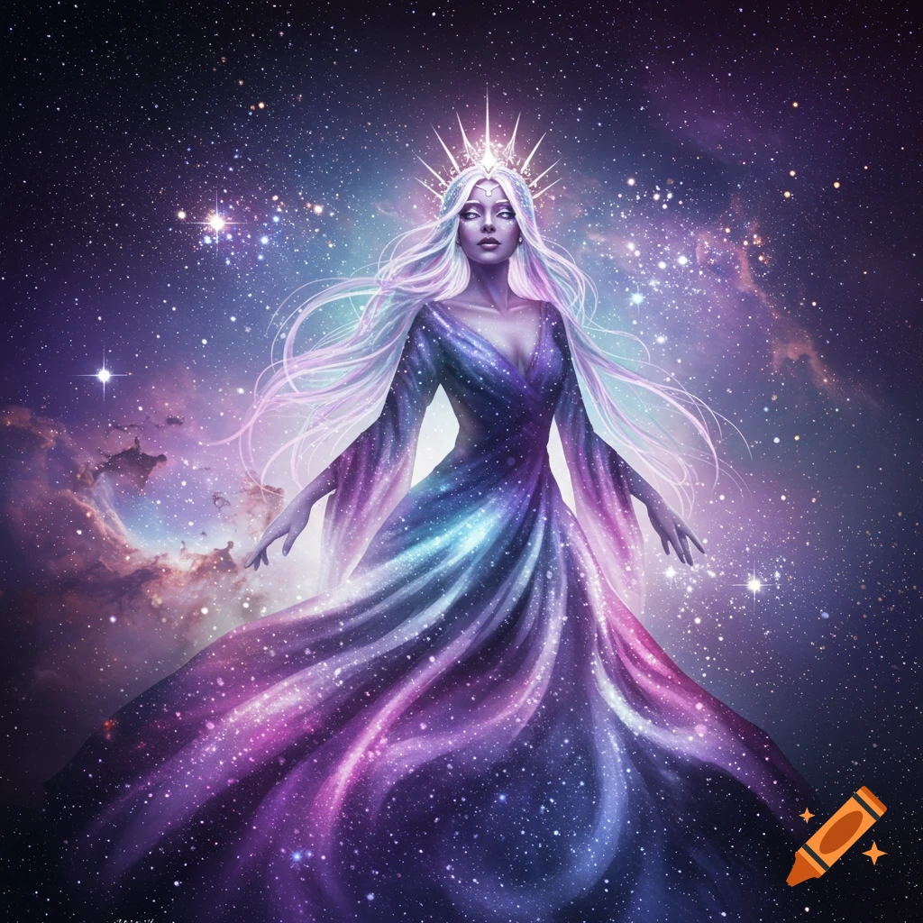 A cosmic princess with long white hair and a crown, wearing a stardust galaxy dress, standing in space.