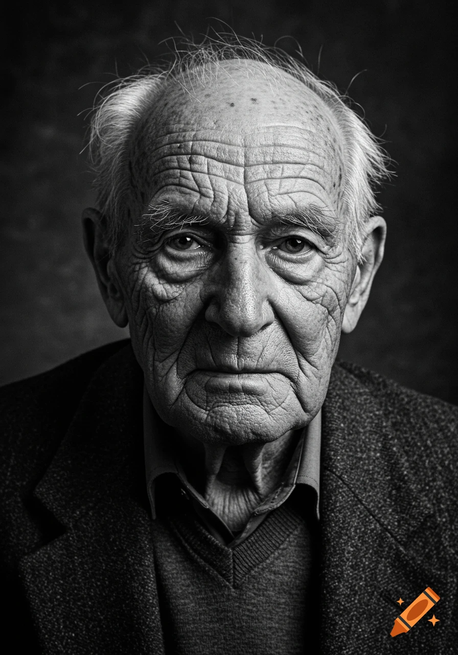Close-up black and white portrait of an elderly man with many wrinkles, staring at the camera.