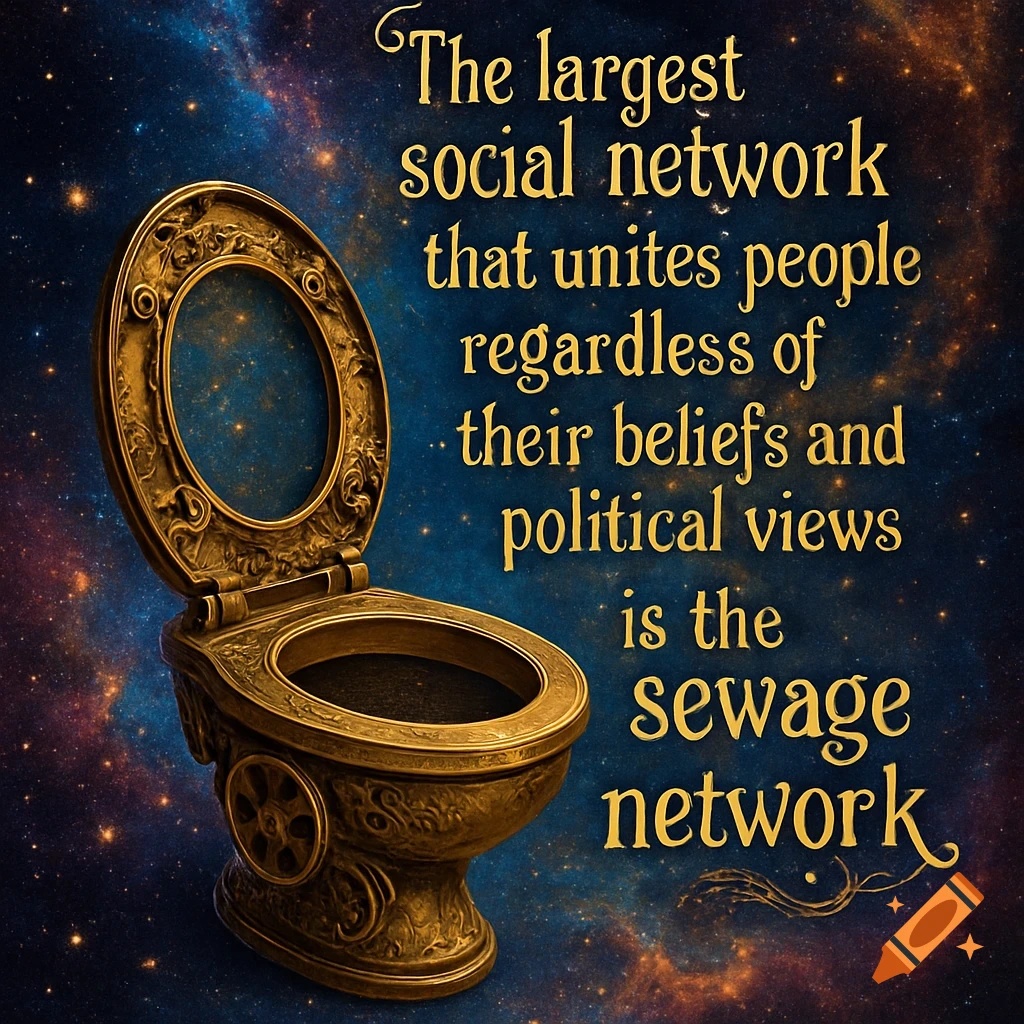 A golden steampunk toilet in a starry cosmic background. Text reads: 'The largest social network that unites people... is the sewage network.'