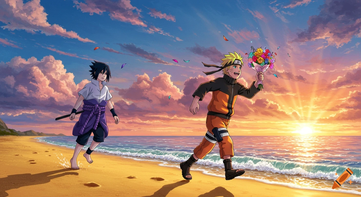 Anime depiction of Naruto running with colorful flowers on a sandy beach at sunset, with Sasuke walking behind him.