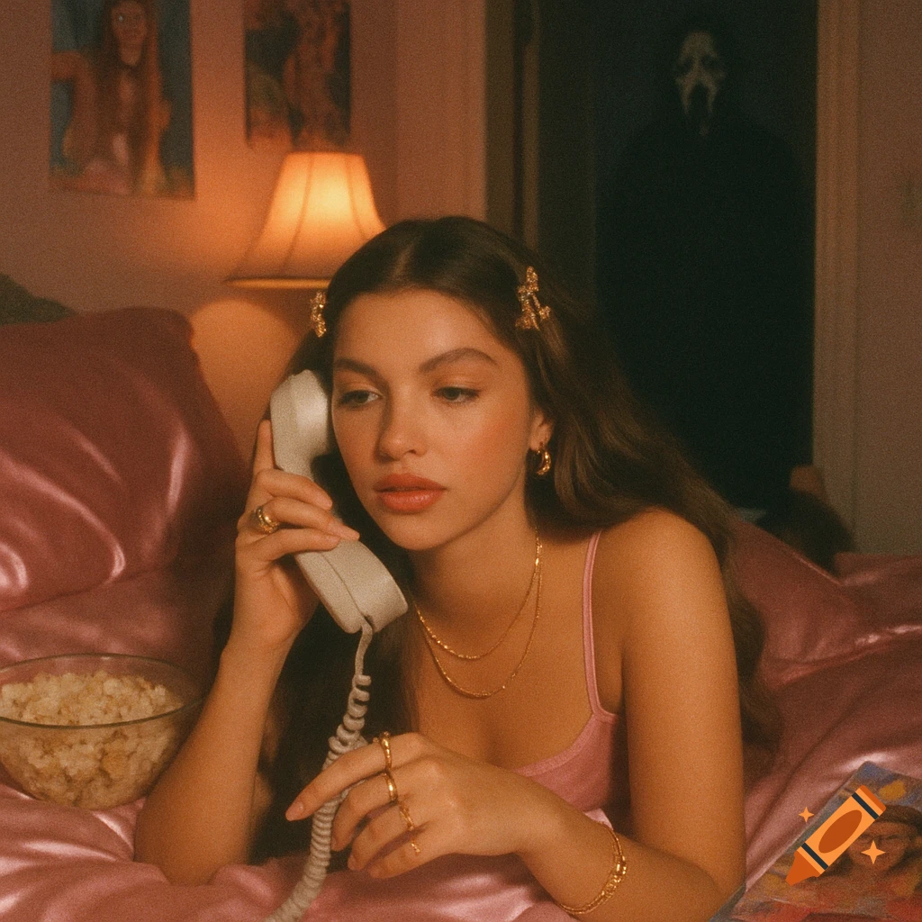 A woman in a pink slip dress lies on a satin bed, talking on a corded phone. A masked Ghostface figure lurks in the dark doorway behind her, in a grainy Y2K-style image.