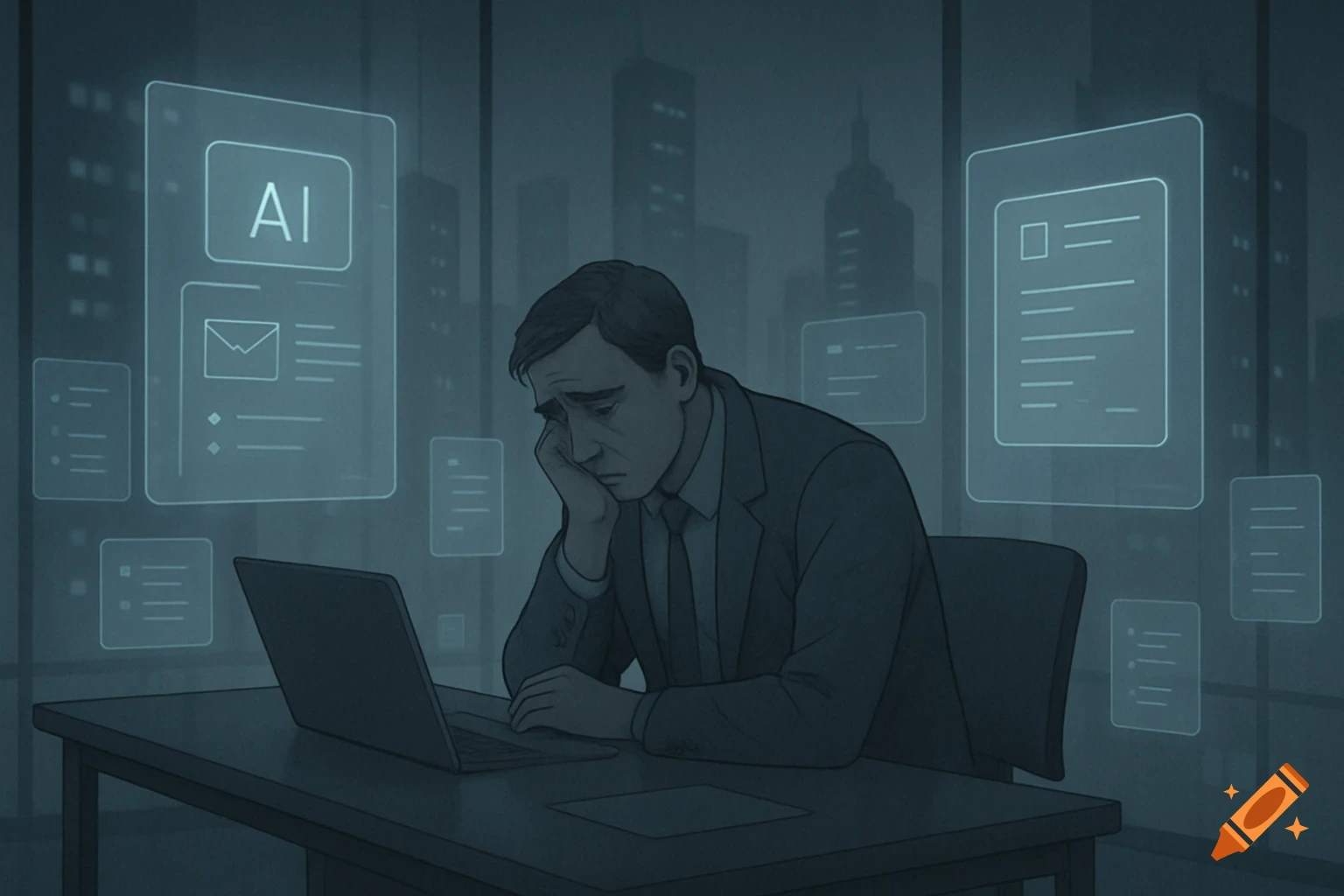 A sad man sits at a laptop in a dimly lit office, surrounded by glowing holographic AI interfaces. Digital illustration.