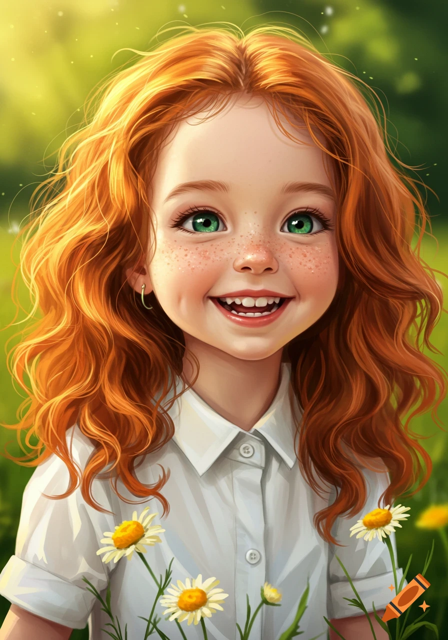 A vibrant illustration of a happy redhead girl with green eyes and freckles, smiling among white daisies in a sunlit field.