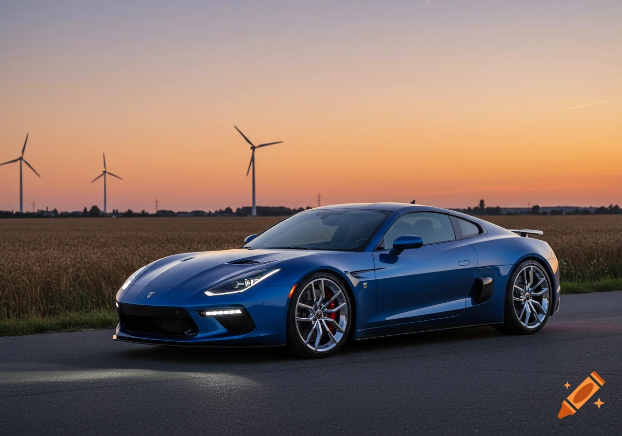 A sleek blue sports car parked on a road beside a golden field with wind turbines at sunset, photorealistic style.