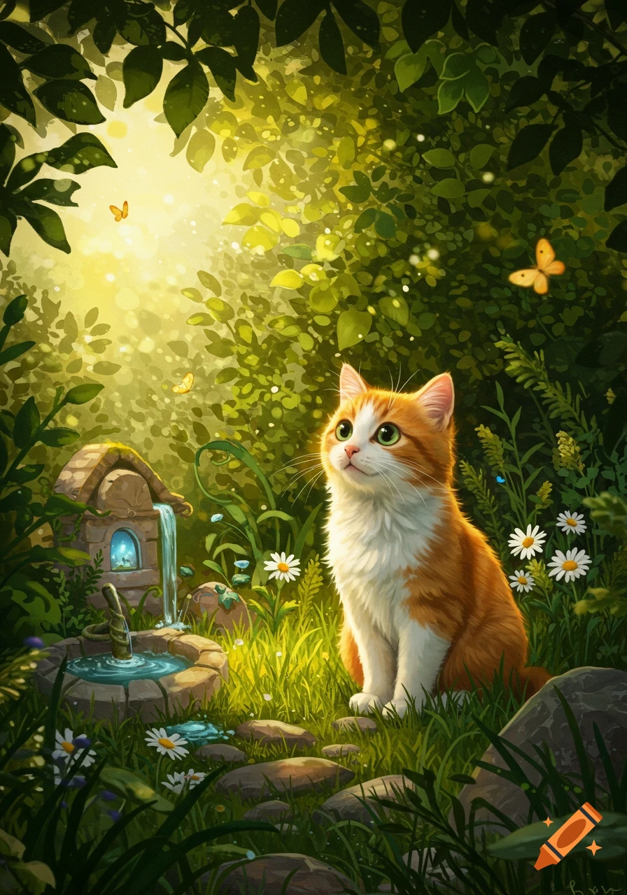 An orange and white cat sits looking up in a sun-dappled magical forest with a stone fountain, wildflowers, and butterflies, in an illustrative style.