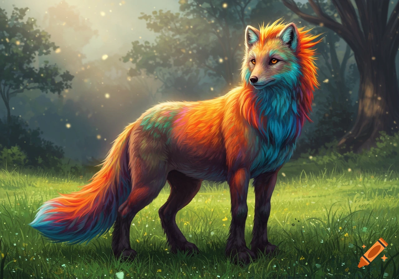 A vibrant fox-like creature with toucan-colored fur, bright orange, blue, and green, stands in a magical forest clearing with sparkling lights.