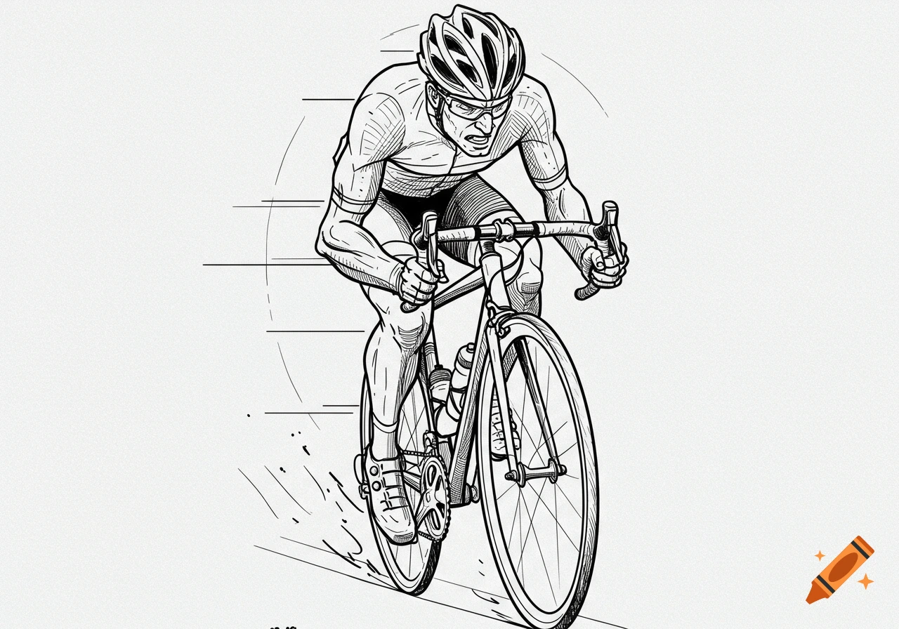A fineline illustration of a male cyclist vigorously riding a road bike, shown from the front.