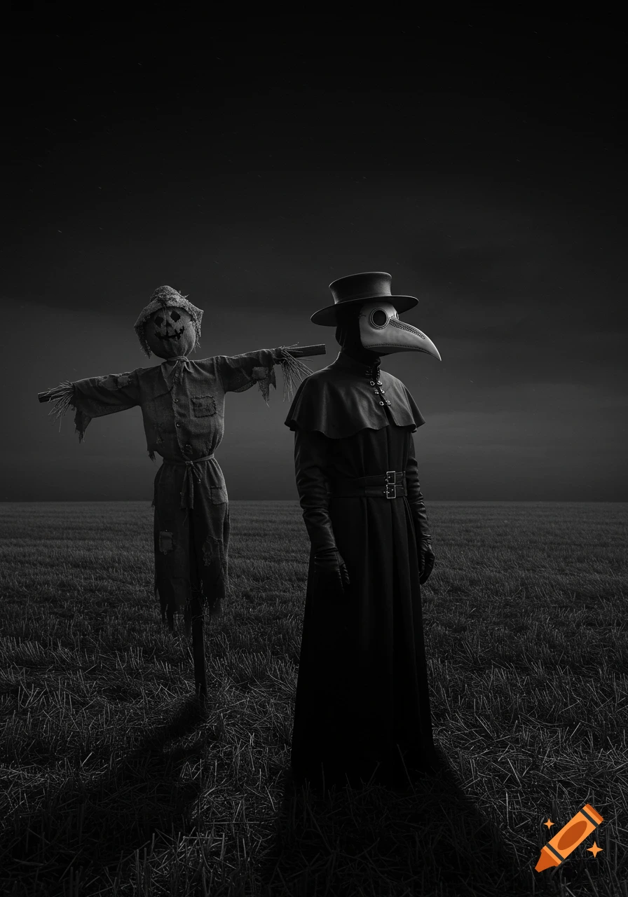 Photorealistic grayscale image of a plague doctor standing next to a scarecrow in a dark hayfield at night.