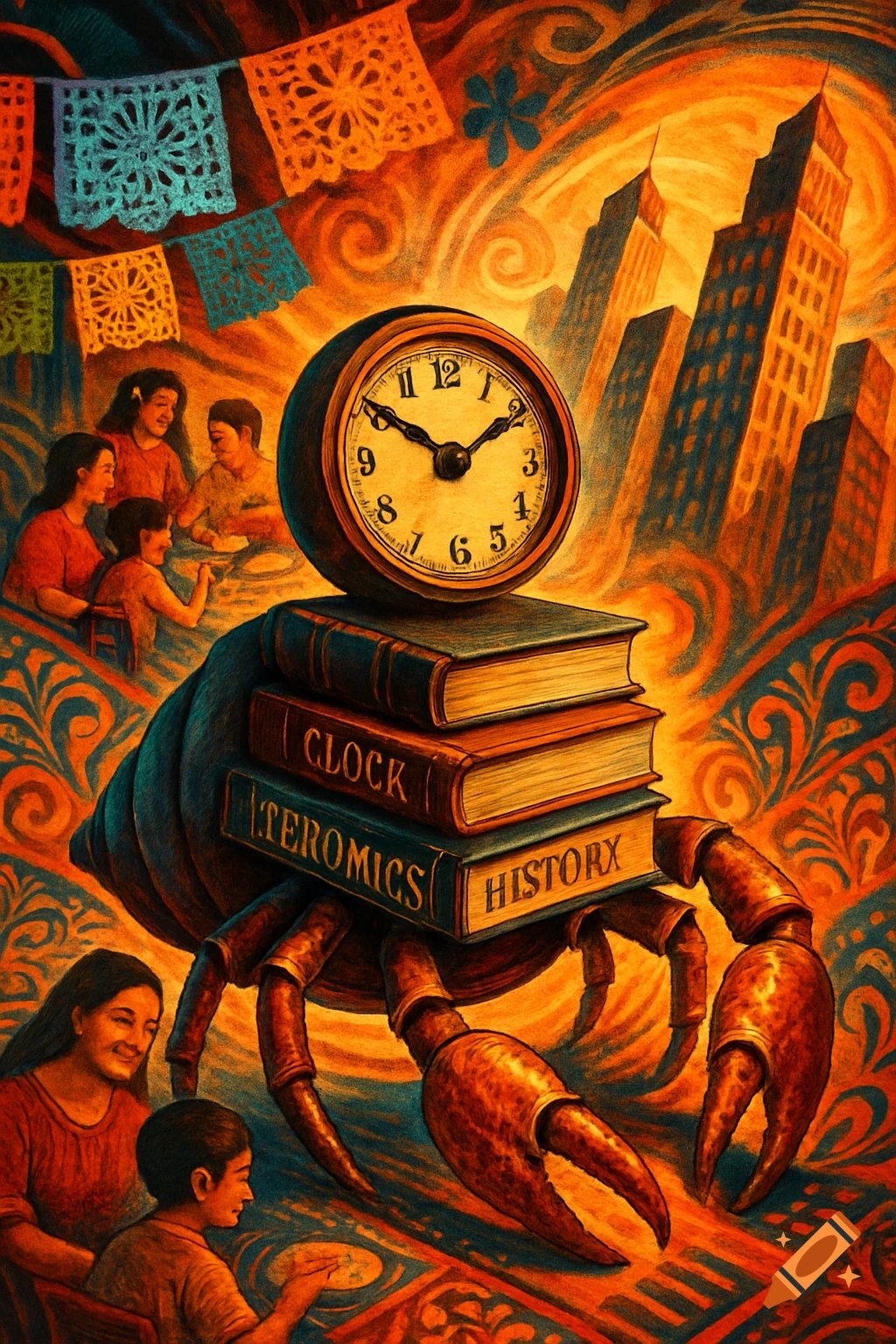 Surreal painting of a hermit crab with a shell made of stacked books and a clock on top, in an orange, blue, and brown palette. Background shows city buildings, people in a Hispanic community setting, and festive banners.