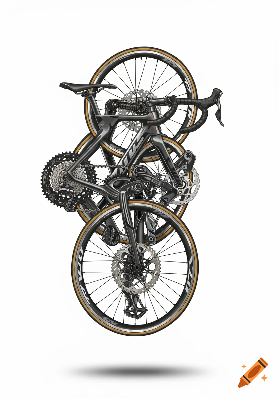 Abstract arrangement of black and silver road bicycle components, including wheels, frame, gears, and handlebars, against a white background.