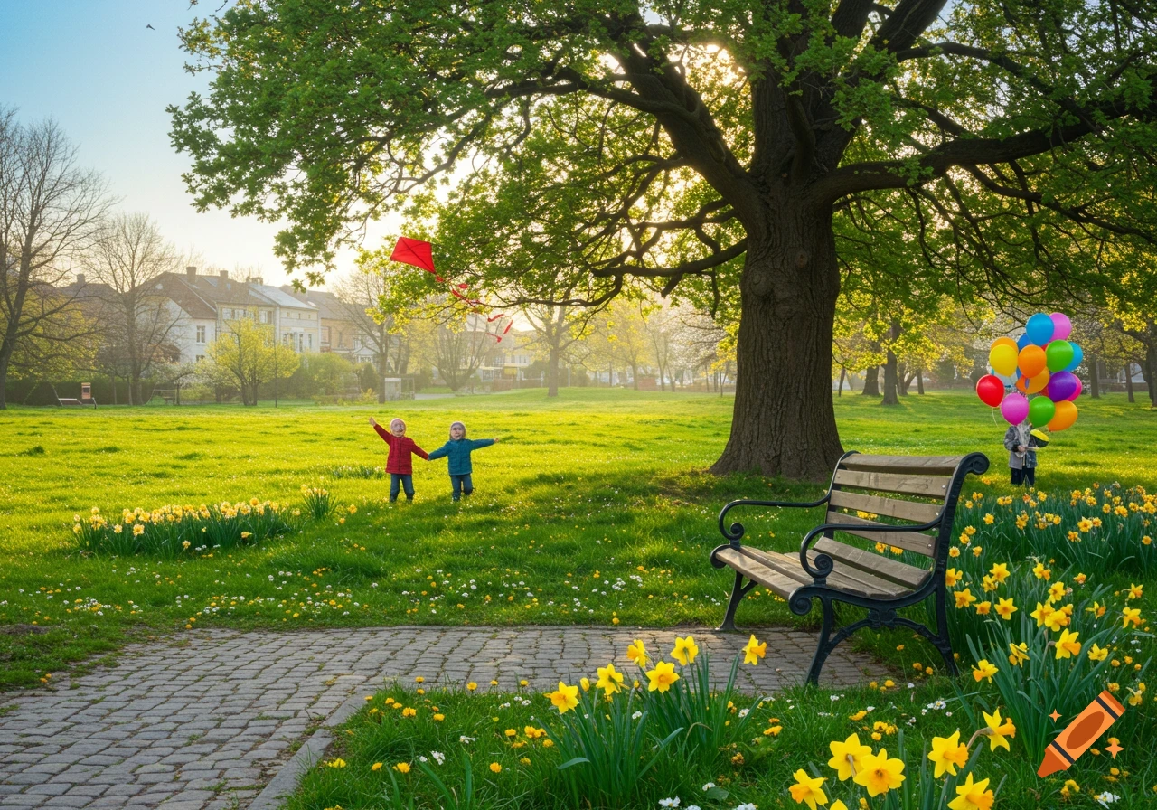 Two children play in a sunlit park with daffodils, one flying a kite, another holding colorful balloons.