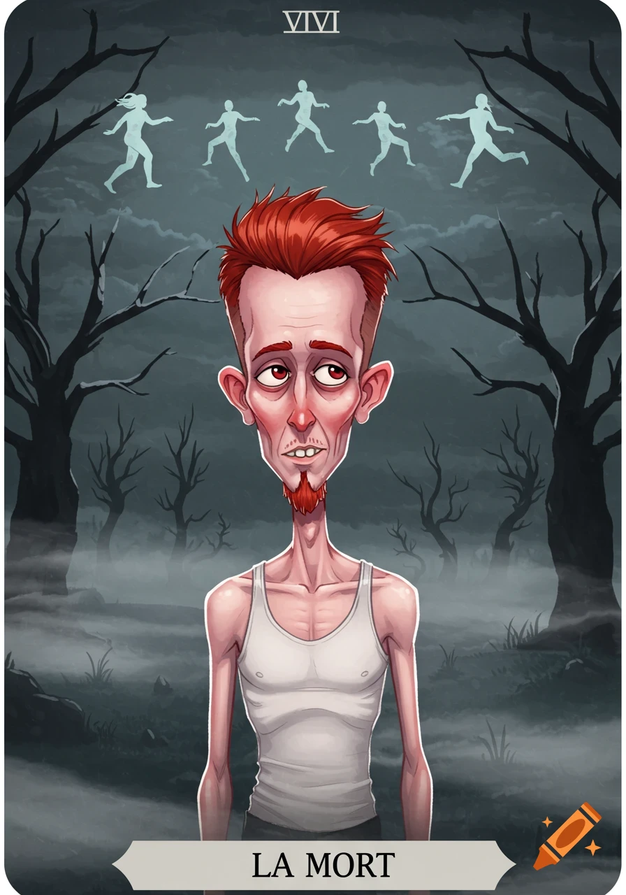 A stylized tarot card featuring a gaunt, red-haired man in a tank top against a foggy, bare forest background. Text reads 'VIVI' and 'LA MORT'.