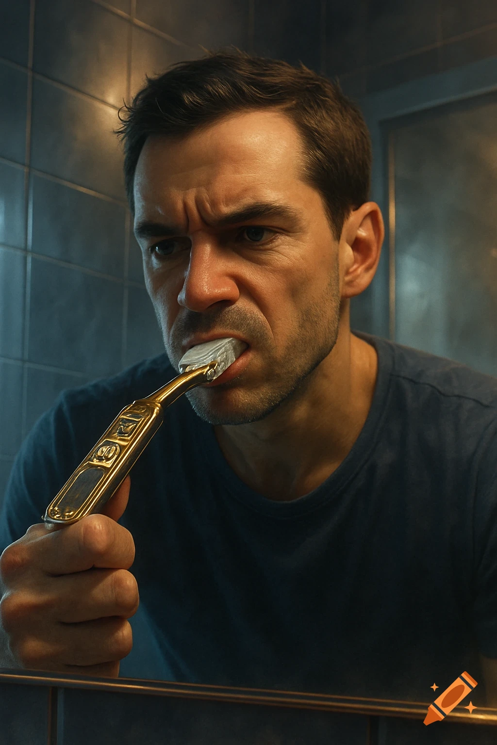 A man with a serious expression brushes his teeth with a golden toothbrush, reflected in a bathroom mirror. Photorealistic.