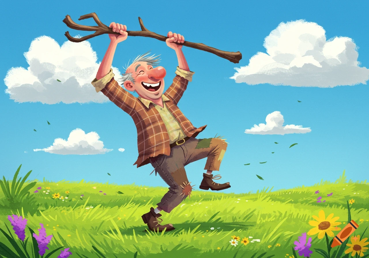 A joyful cartoon old man in a plaid shirt jumps in a sunny green field, holding a stick overhead. Blue sky, white clouds.