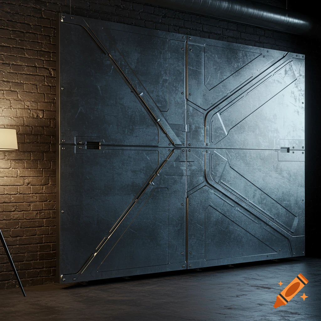 A large, weathered metal panel wall with geometric patterns next to a brick wall and a floor lamp, in a dark, industrial setting.