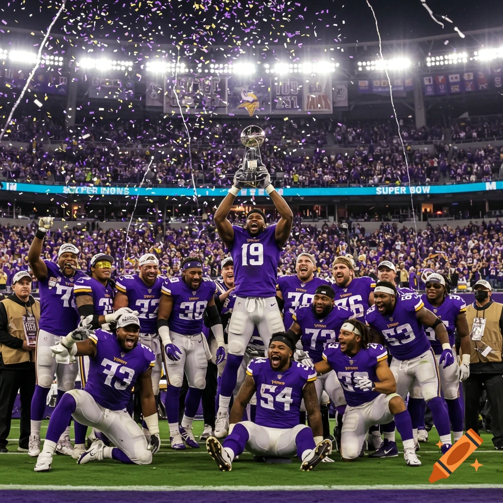 Photorealistic image of Minnesota Vikings players celebrating a Super Bowl win, holding a trophy as confetti falls.