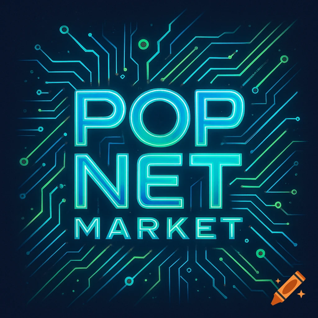 Glow-in-the-dark blue and green neon logo for 'POP NET MARKET' on a dark background with circuit board patterns.
