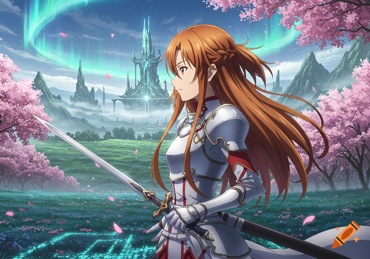 Anime warrior girl with long orange hair in white armor, holding a sword, in a field of cherry blossoms with futuristic castles.