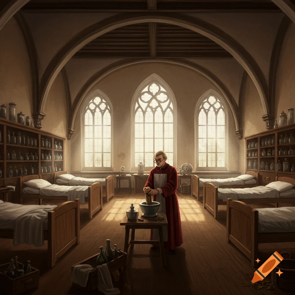 An 18th-century doctor in a red robe grinds herbs in a mortar within a hospital ward with beds, shelves, and arched windows.
