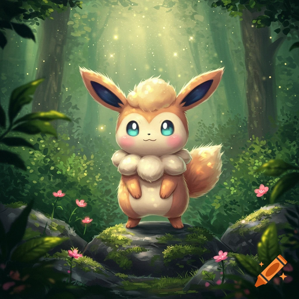 A cute, fluffy orange Pokémon-like creature with large ears and blue eyes stands on a mossy rock in a magical, glowing forest.