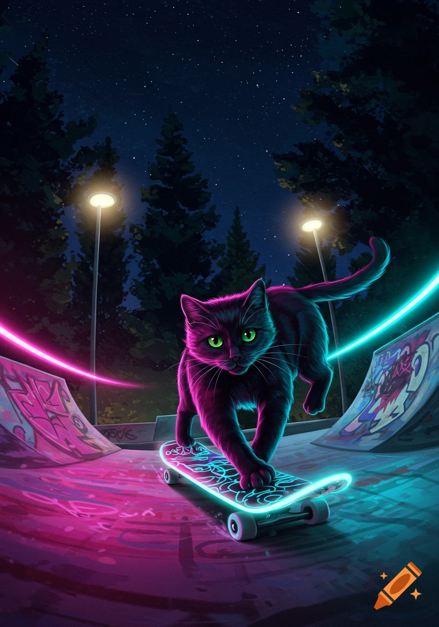 A black cat with glowing green eyes rides a neon-lit skateboard in a vibrant skatepark at night, illuminated by pink and blue lights.
