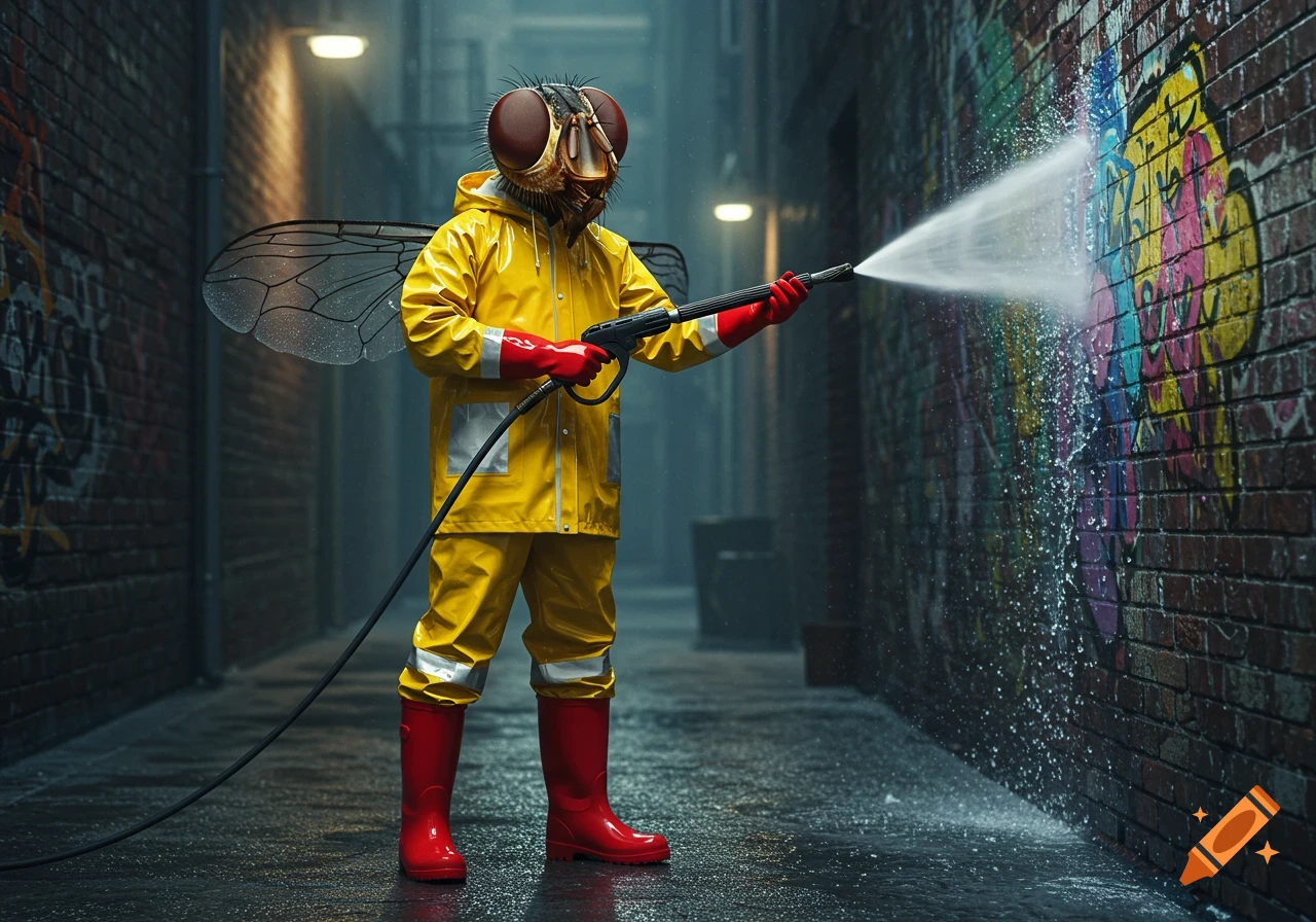 A person with a housefly head in yellow rain gear and red boots pressure washes colorful graffiti off a brick alley wall.