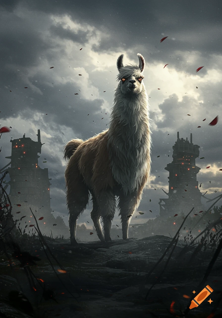 Epic anime-style llama with glowing red eyes stands in a desolate, ruined landscape under a stormy sky with falling red leaves.