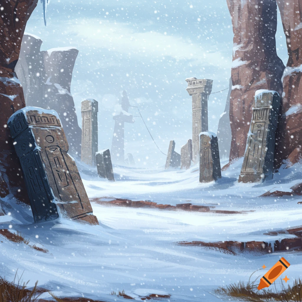 A snowy mountain pass featuring ancient carved stone pillars amidst falling snow and rocky outcrops.