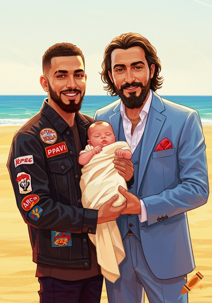 Stylized illustration of two smiling men holding a swaddled baby on a sunny beach with the ocean behind them.