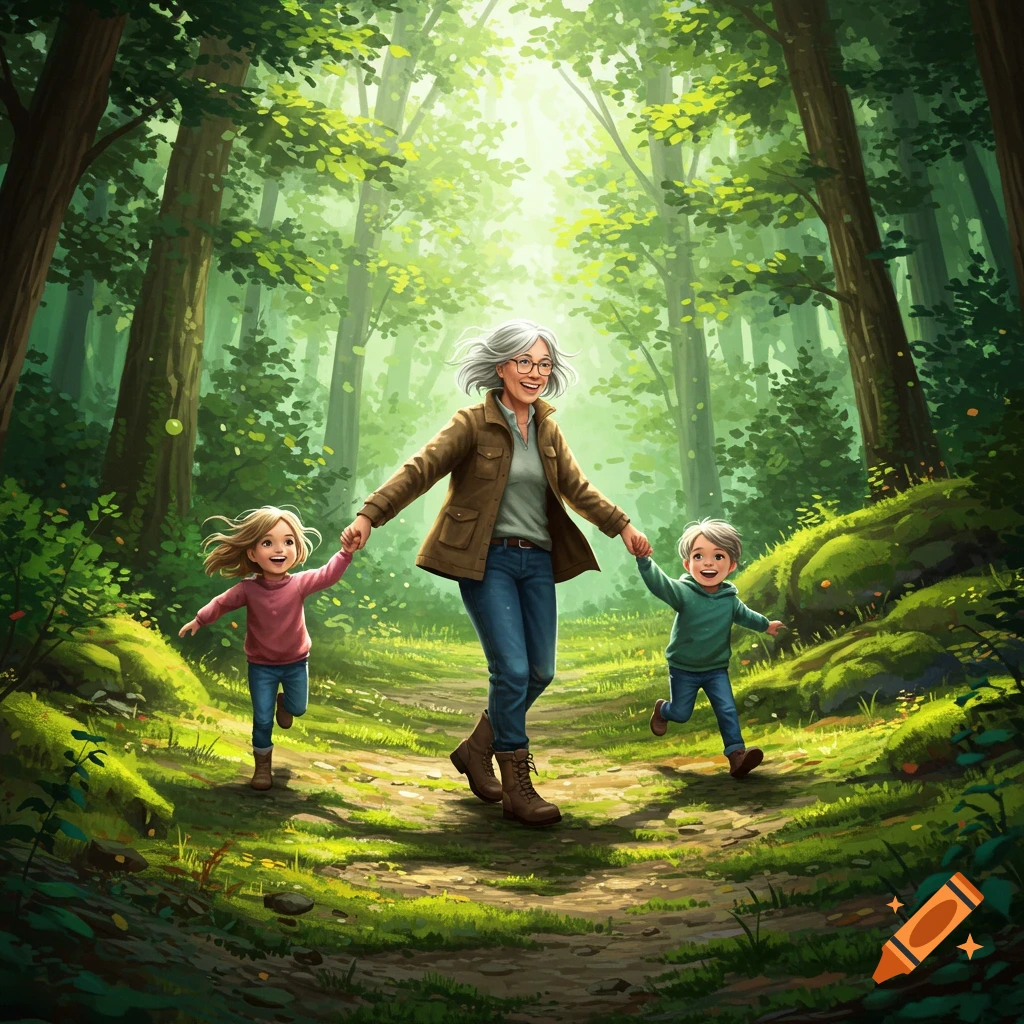 An illustration of a smiling grandmother holding hands with two happy children, walking on a sunlit path through a lush green forest.