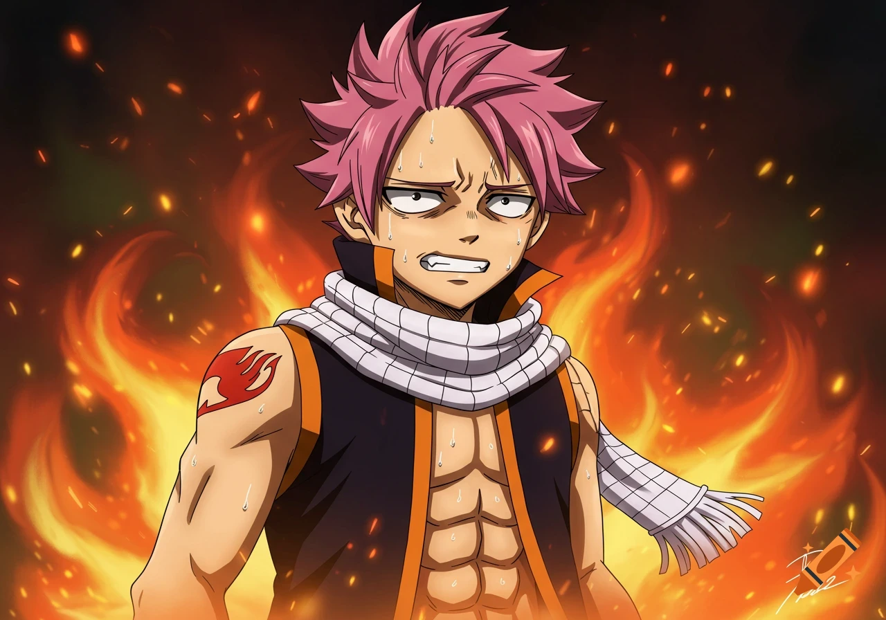 Anime character Natsu Dragneel with pink spiky hair, a white scarf, and an open black vest, showing abs, looking distressed and sweating against a fiery background.