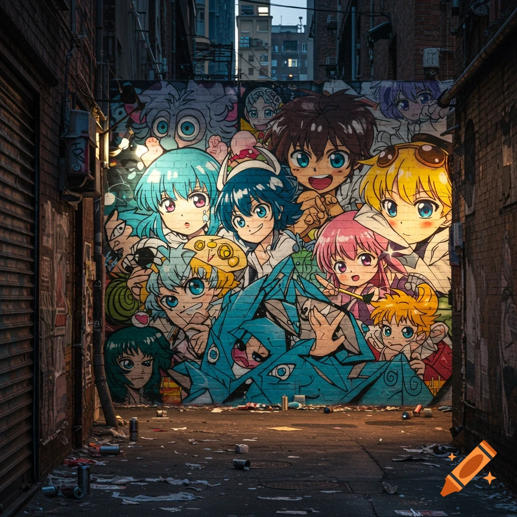 Vibrant anime character graffiti on a brick wall in a dark, grimy urban alleyway.