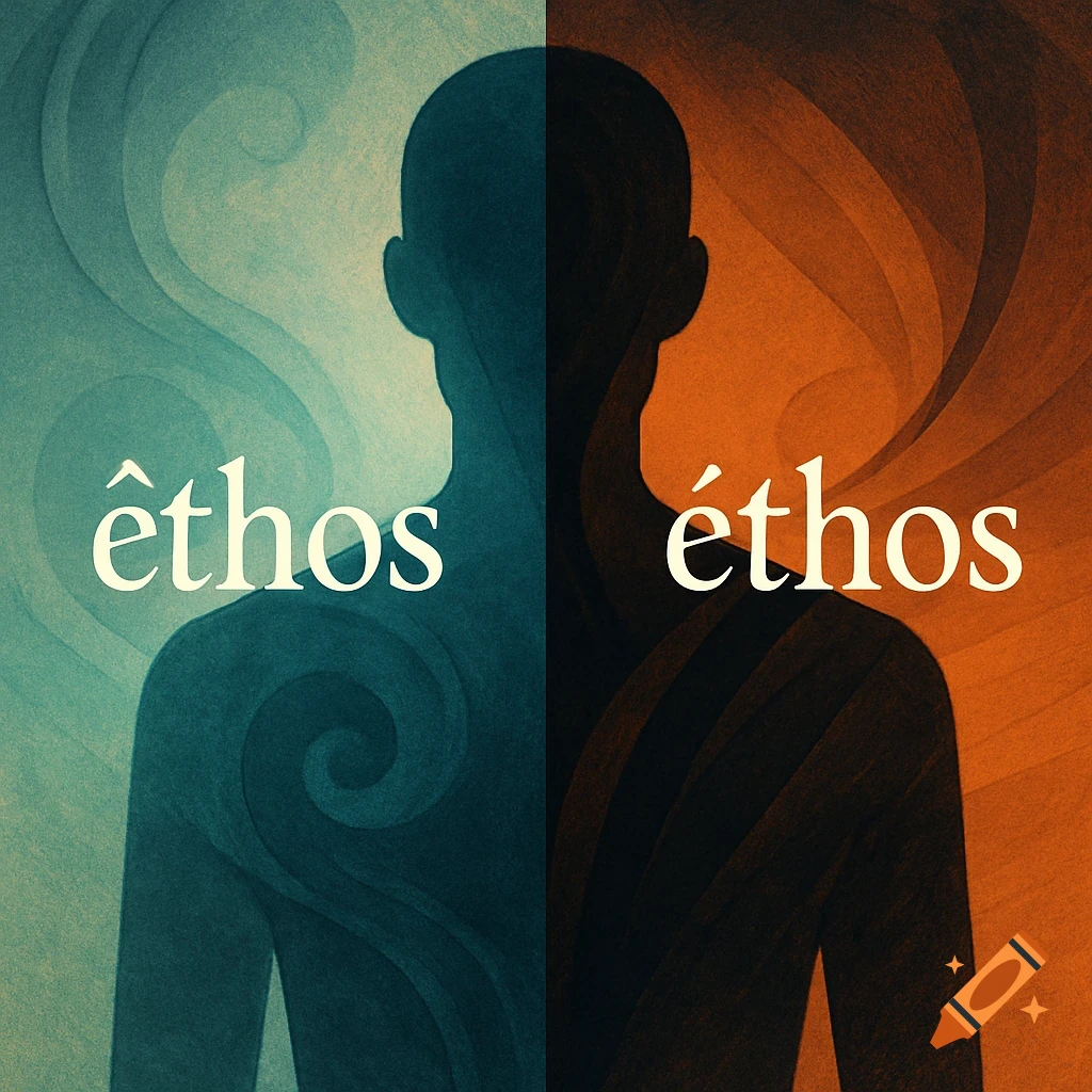 Abstract illustration of a human silhouette split, blue-green with 'êthos' and orange with 'éthos', with swirling textures.