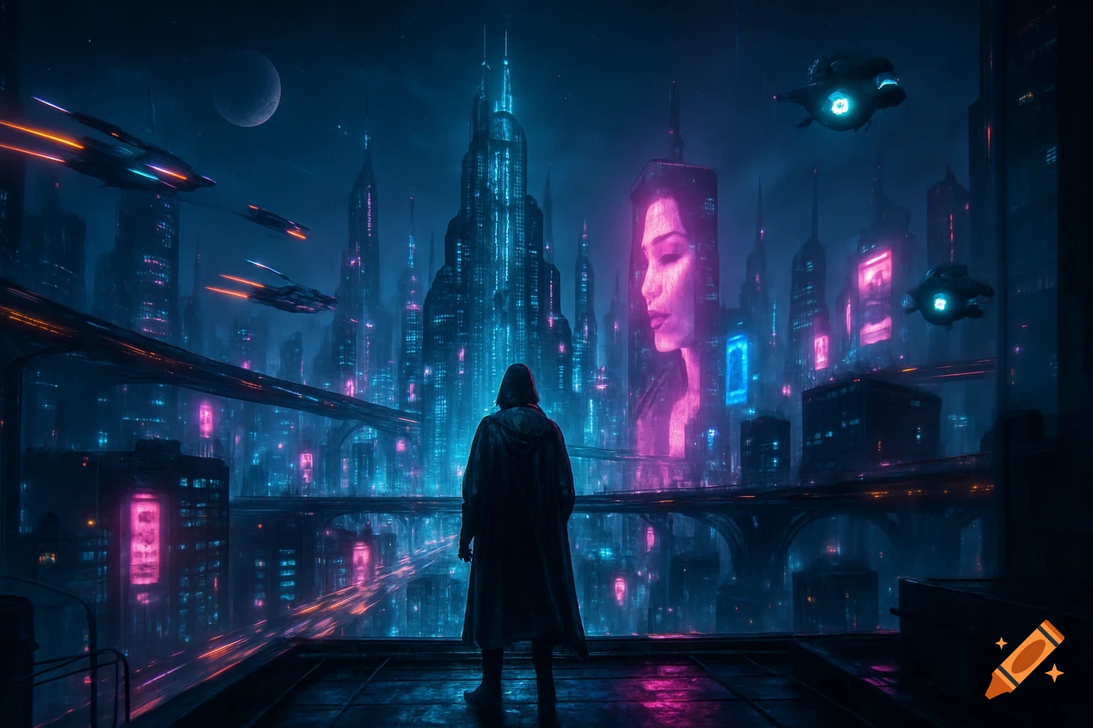 A lone figure overlooks a vibrant neon-lit cyberpunk city with towering spires, flying vehicles, and a distant moon.