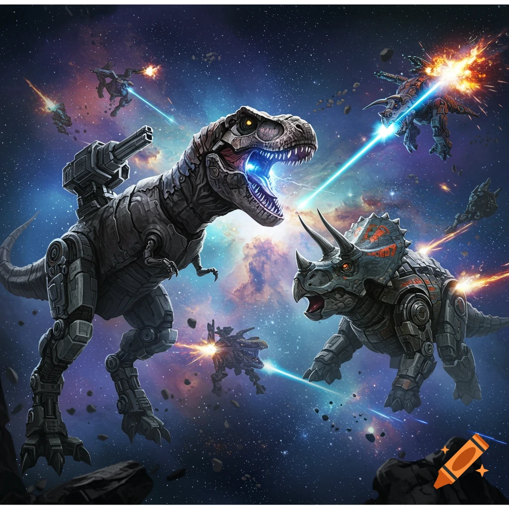 Robotic T-Rex and Triceratops dinosaurs with weapons battle in space amidst laser beams, explosions, and smaller mech suits.