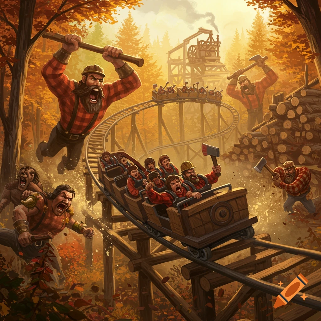 Stylized illustration of lumberjacks on and around a wooden roller coaster in an autumn forest, some swinging axes.