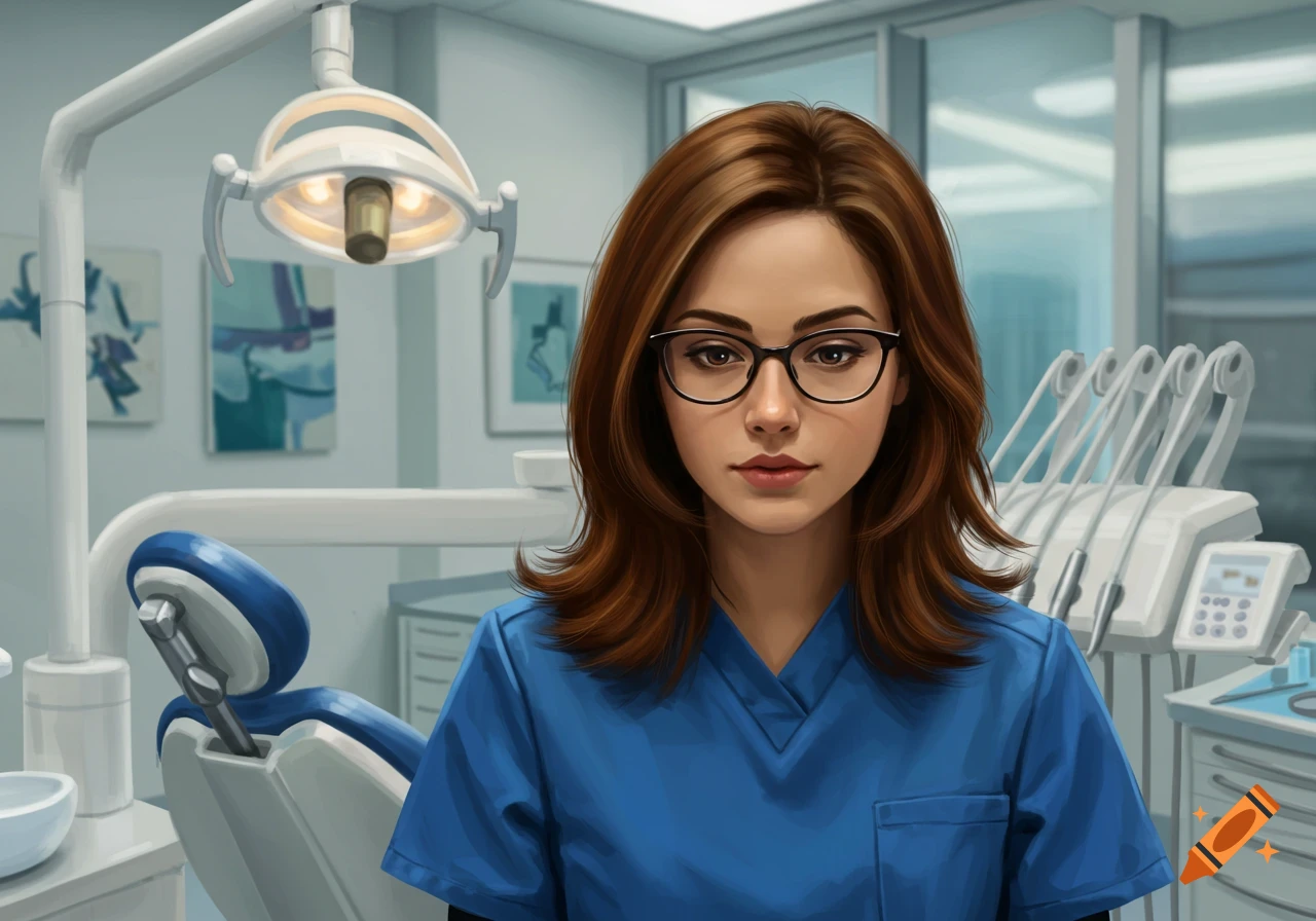 A young woman with brown hair and glasses in blue scrubs stands in a modern dental office, depicted in a digital art style.