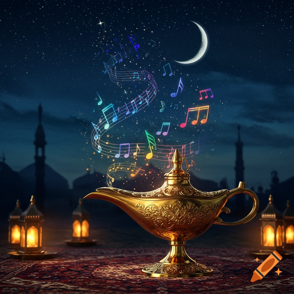 A golden genie lamp on a patterned rug emits colorful musical notes into a starry night sky with a crescent moon over distant mosque silhouettes.