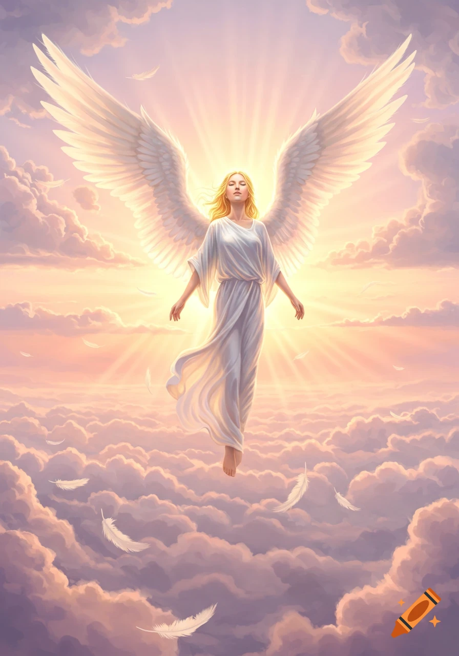 A serene angel with large white wings floats in a vibrant, cloudy sky with sun rays and falling feathers.