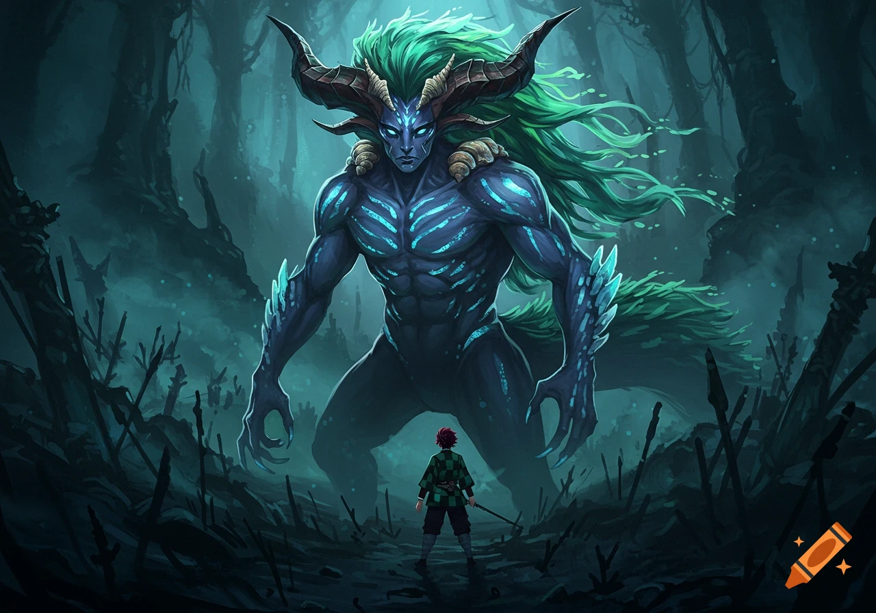 A giant blue demon with green hair and horns faces a small warrior in a dark, misty forest.