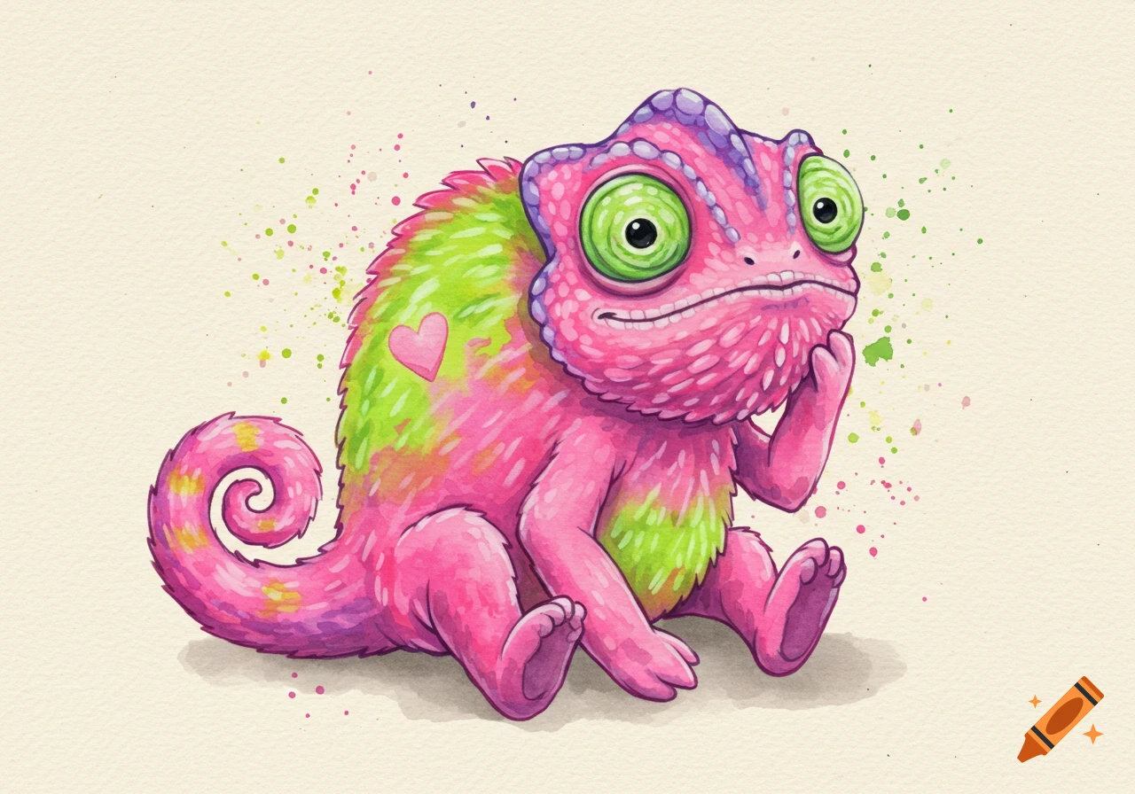 Whimsical watercolor of a cute pink, green, and purple baby chameleon with huge eyes, a goofy grin, and a heart, sitting.