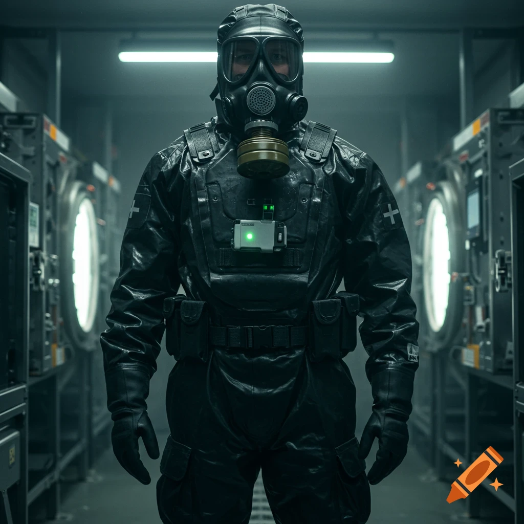 A photorealistic image of a person in a black hazmat suit and gas mask in a dimly lit laboratory with sterilization systems.