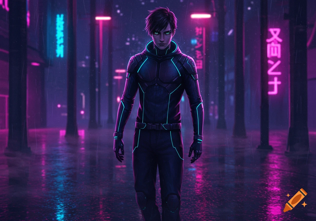 Anime young man in a dark glowing futuristic suit stands in a rainy cyberpunk city street with neon signs.