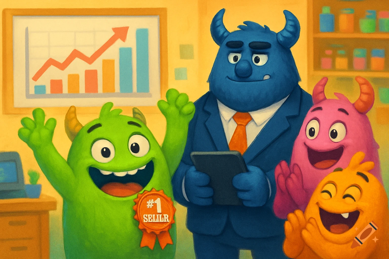 Four colorful cartoon monsters in an office. A green monster holds a #1 Seller badge, a blue monster in a suit holds a tablet, and two other monsters cheer.