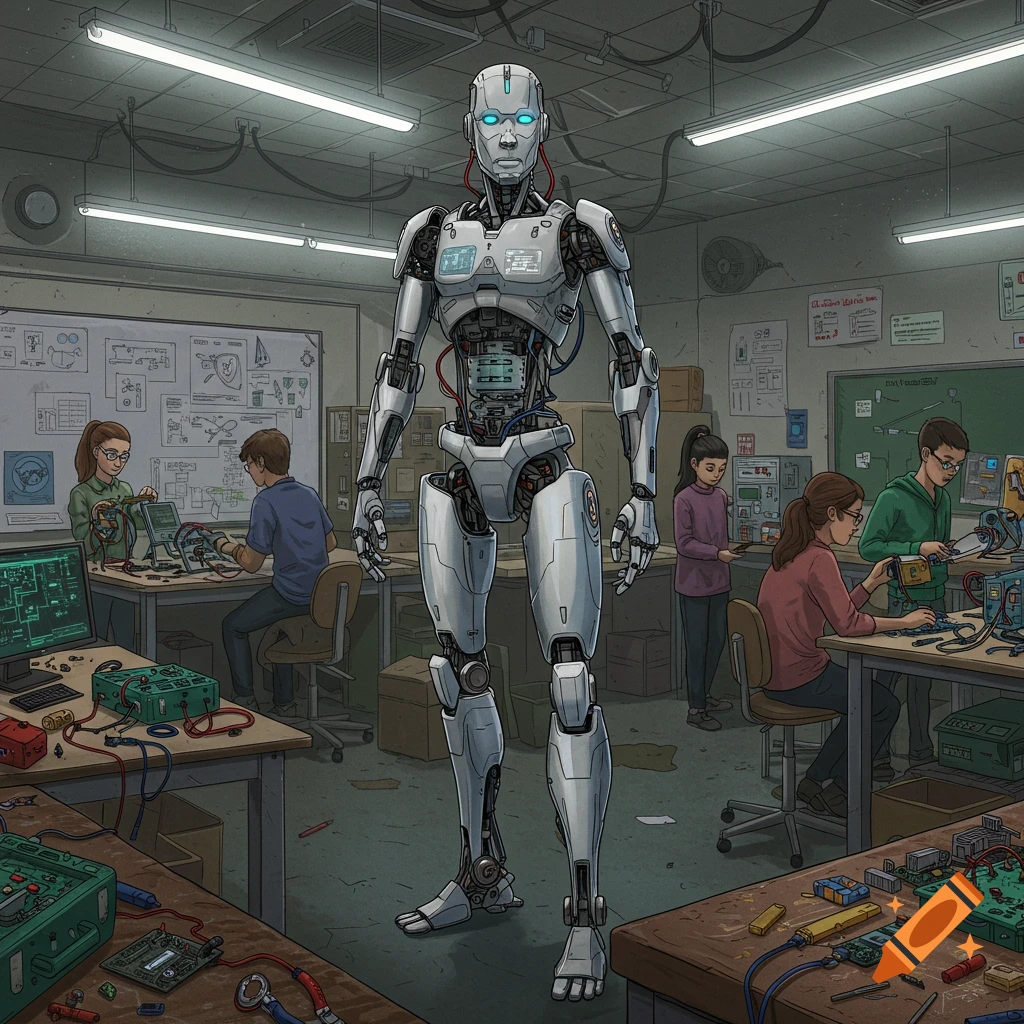 A tall, silver robot stands in the center of a bustling school robotics lab where students are working on electronics at desks, illustrated style.