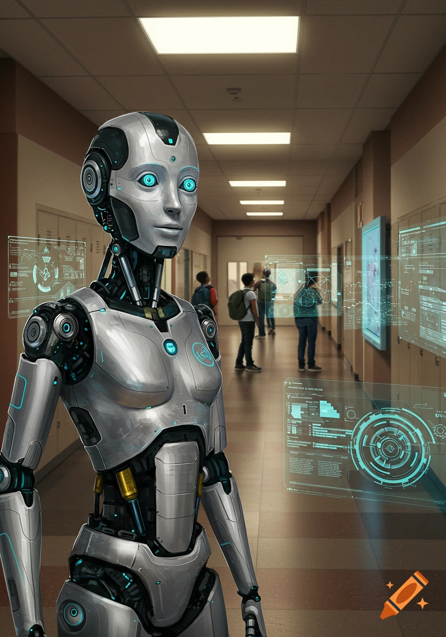 A futuristic robot with glowing blue eyes stands in a school hallway with students and holographic screens.