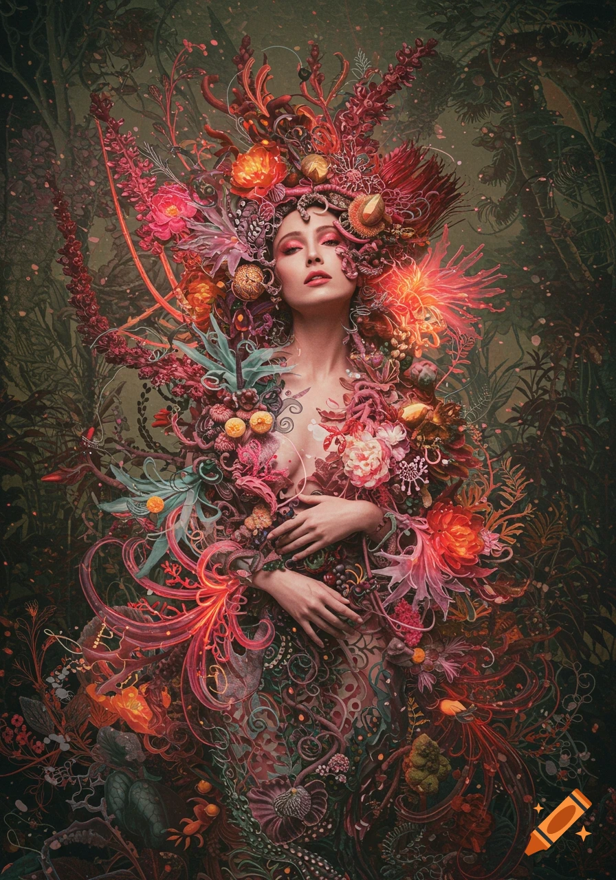 Surreal portrait of a woman with vibrant, fantastical flowers and plants intricately woven into her form, in a painterly style.