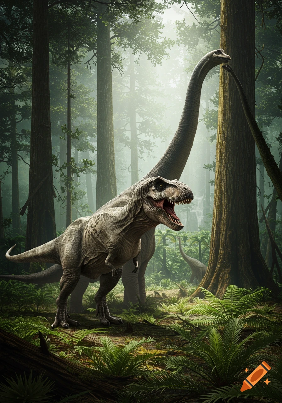 Photorealistic T-Rex roaring, a Brachiosaurus, and other dinosaurs in a lush, misty prehistoric jungle.