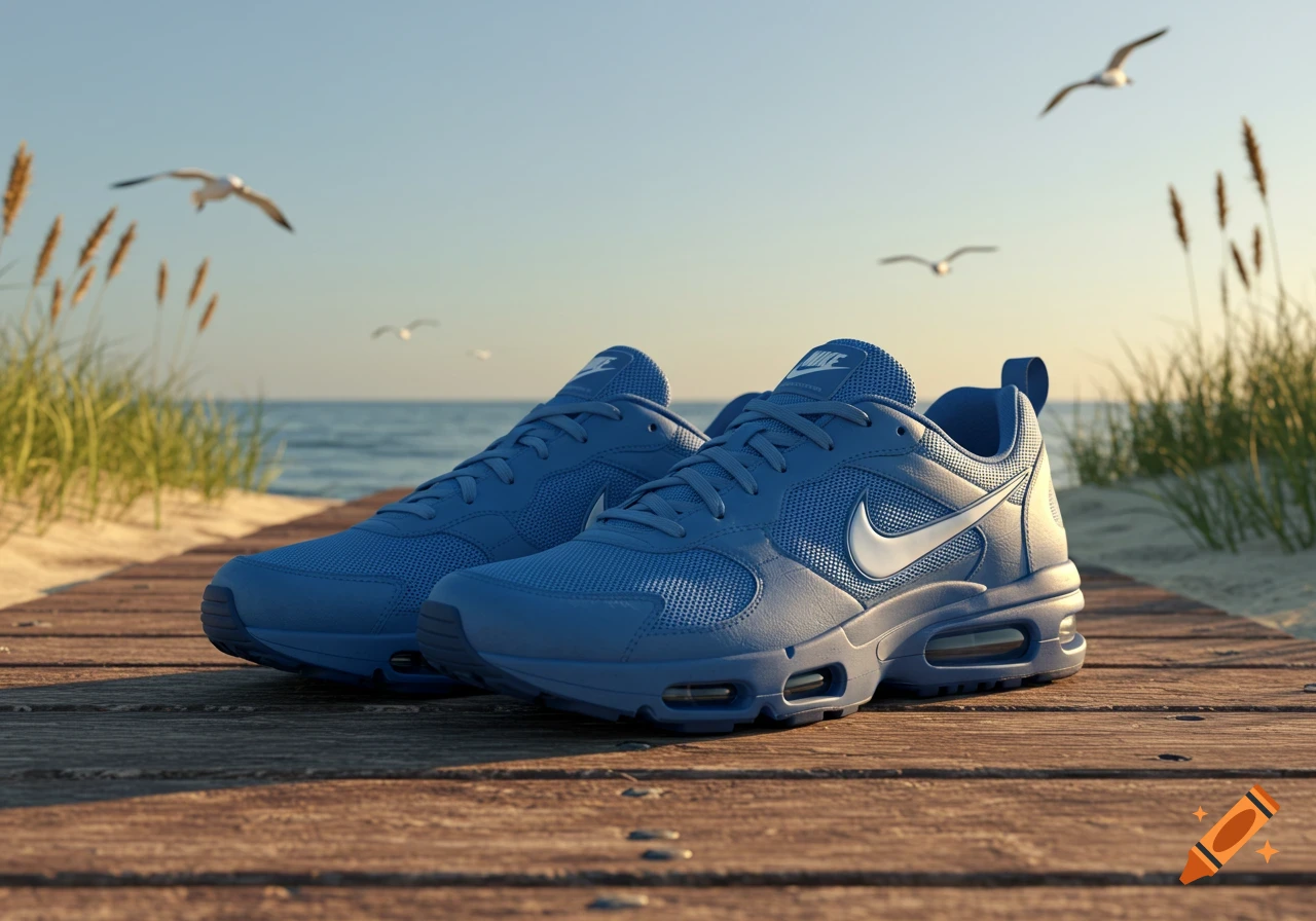 Photorealistic image of two blue Nike sneakers on a wooden boardwalk at the beach with the ocean and seagulls.